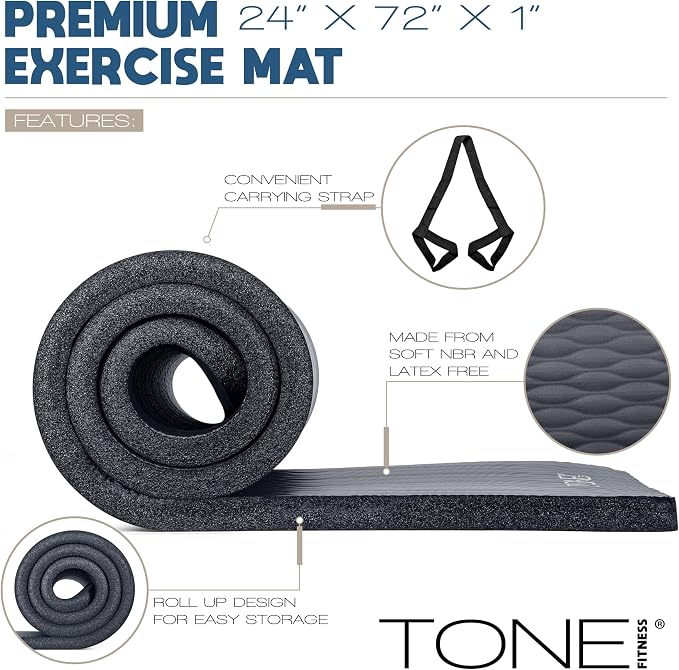 Tone Fitness 1-Inch Thick Yoga Mat | High-Density, Non-slip Exercise Mat with Carrying Strap for Yoga, Pilates, & Home Gym Workouts | Multiple Options