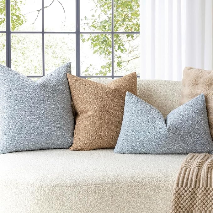 Foindtower Pack of 2 Modern Textured Boucle Throw Pillow Covers Accent Solid Decorative Pillow Cases Cozy Woven Couch Cushion Case for Chair Sofa Bed Living Room Home Decor, 18 x 18 Inch, Light Blue