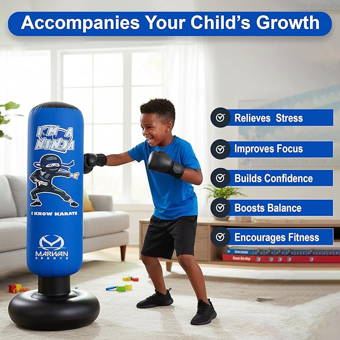 Marwan Sports 5-in-1 Inflatable Punching Bag for Kids – 63" Karate Toy Set with Boxing Gloves, Durable Fast Rebound, Active Play Christmas/Birthday Gift for Boys & Girls Ages 4-12