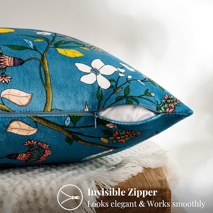 MUSSEL Stone Blue Velvet Floral Decorative 16x16 Pillow Covers Set of 2 | Soft Durable and Sturdy,Bird Plant,Throw Pillows Case,Square,Colorful Modern Cushion Covers,Home Sofa Bed Couch Decor