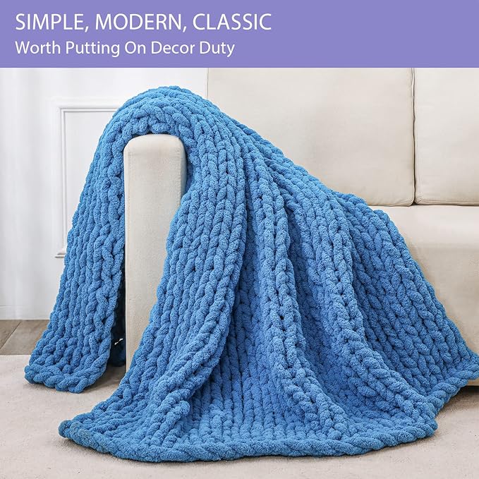 Bigacogo Chunky Knit Throw Blanket for Couch, 40x80 inches, Bright Blue | Hand Knit with Jumbo Chenille, Soft Breathable Cable Knit for Sofa Bed Living Room, Machine Washable, Gift for Mom Friend