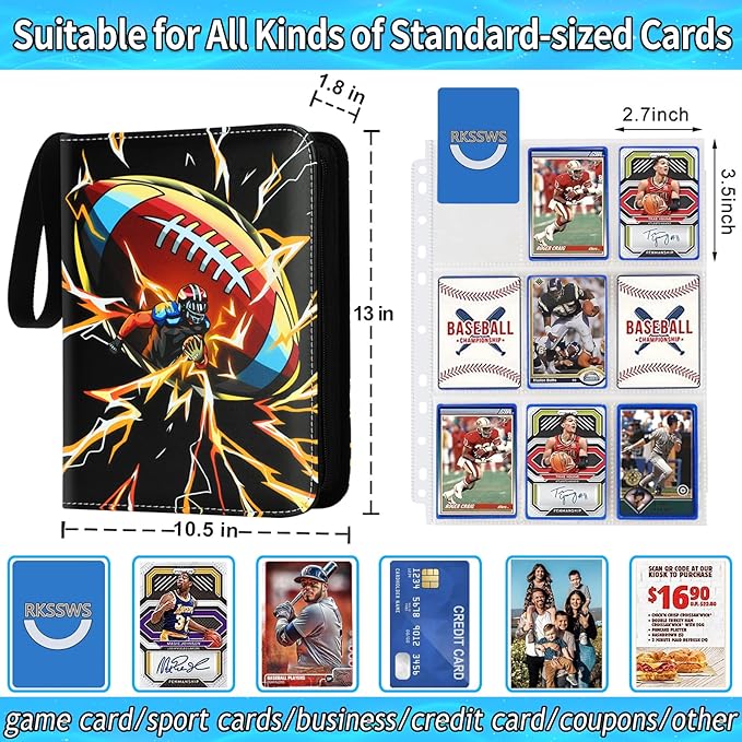Football Card Binder, 900 Pocket Football Card Holder with 50 Removable Sleeves, Creative Design Zipper Sports Card Binder Sheets Display Storage for Collectors Boys and Girls Gift (900 CARD)