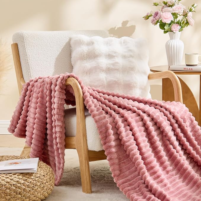 BEDELITE 3D Ribbed Jacquard Pink Fleece Throw Blanket for Couch, 50x70 Inch | Soft Warm Decorative Fluffy Blanket, Cozy Plush Lightweight Fuzzy Throw Blanket for Bed Sofa Home Room Decor, Gift for Women