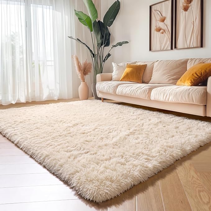 Amdrebio Beige Area Rugs for Bedroom Kids Room, 5x7 Fluffy Plush Shag Furry Cute Rug for Living Room Decor Aesthetic, Soft Shaggy Fuzzy Neutral Tan Carpet for Teens Baby Nursery Playroom Preppy Dorm