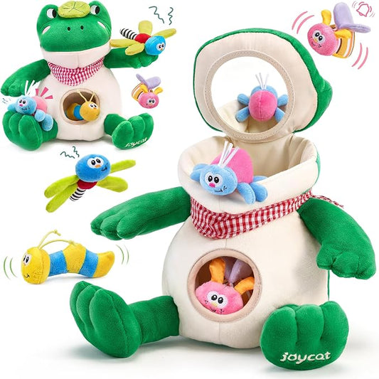 JoyCat Baby Toys 3-18 Months, Frog Montessori Toy Includes 4 Sensory Insects with Rattle, Crinkle, Squeaker & Baby Mirror for Tummy Time, Soft Stuffed Animal Toy for Infants Newborn Boy & Girl Gifts