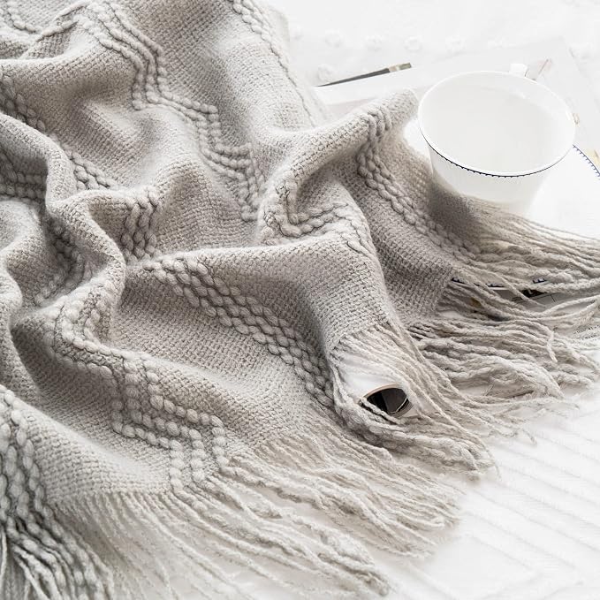 BATTILO HOME Light Grey Throw Blanket for Couch, Geometric Grey Bed Throws Decorative Boho Blanket for Sofa Living Room, 50"x60"