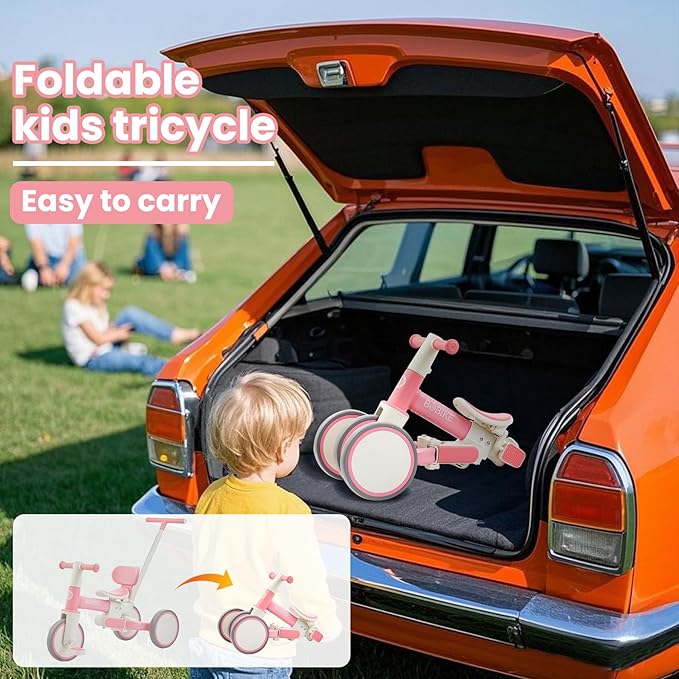 Bobike 5-in-1 Tricycle for Toddlers 18 Months to 5 Years Old, Toddler Bike, Kids Tricycle with Push Handle and Backrest, Toddler Balance Bike with Easy Assembly for Boys and Girls.(Pink)