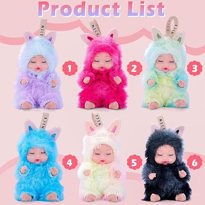 Adorable 6 Pack Plush Sleeping Doll Set with Hanging String, 4-Inch Colorful Collection