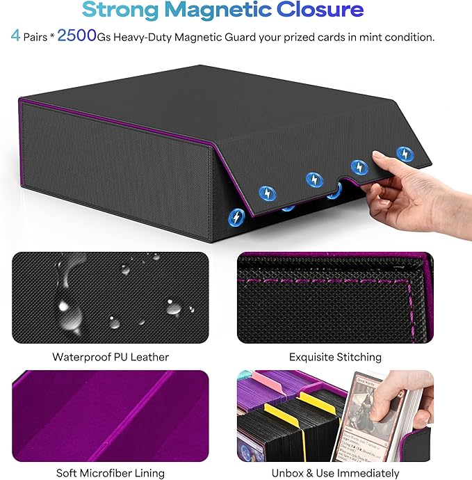 UAONO Trading Card Storage Box, Holds 2400 Sleeved Cards with 24 Dividers & 4 Stoppers, Magnetic Closure PU Leather Card Case for MTG, PTCG, YGO, Sports Cards (Black&Purple)