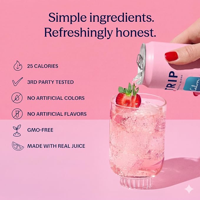 TRIP Lightly Sparkling Adaptogen Drink, Non Alcoholic Drink with Magnesium, Ashwagandha, Lions Mane & L Theanine, No Added Sugar Mocktail, Vegan, Wild Strawberry, 12 Oz, 12Pk