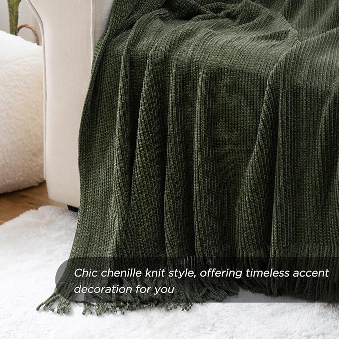 BATTILO HOME Olive Green Throw Blanket for Couch, 50"x60" | Soft Chenille Knit Throw Blanket with Tassels for Home Decor, Dark Green Throw for Couch Cover