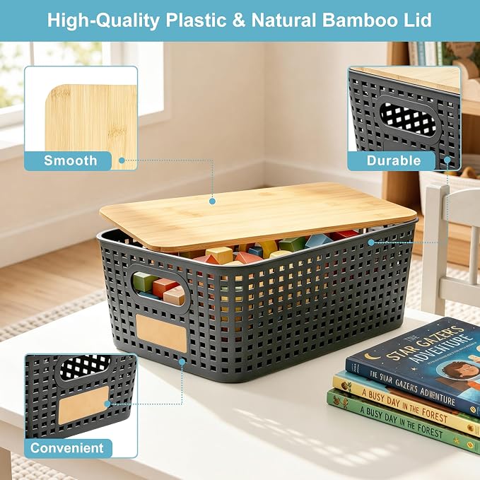 Small Plastic Storage Bins with Bamboo Lids 5.2qt Stackable Box Basket Pantry Decorative Containers Cute with Lable for Organizing Desktop Closet Office Gray of 6 packs 10 * 7.2 * 4.1"