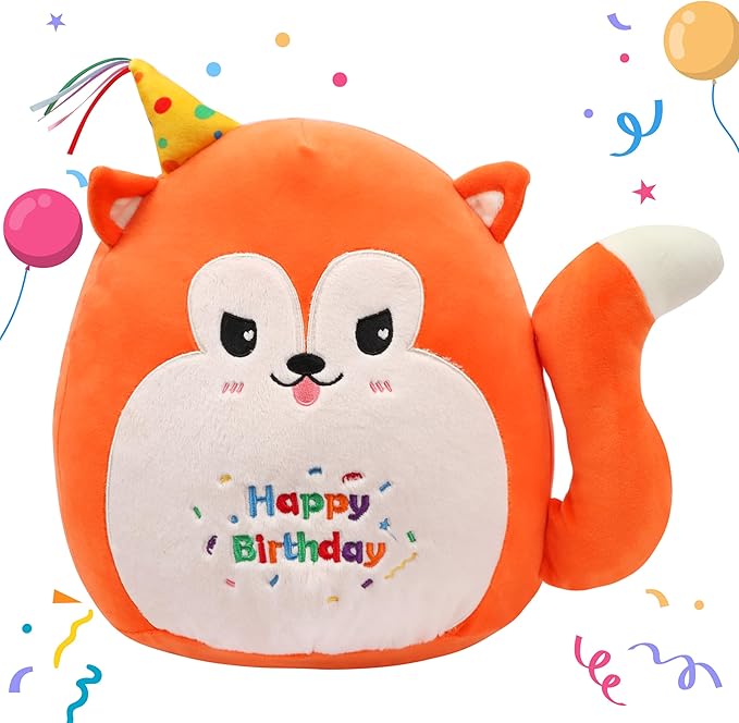 Easfan 12’’ Birthday Fox Plush Pillow Soft Fox Plush Toy Cute Fox Stuffed Animal Home Room Decoration Birthday Gift for Kids Adults,Orange, EF0087_Fox
