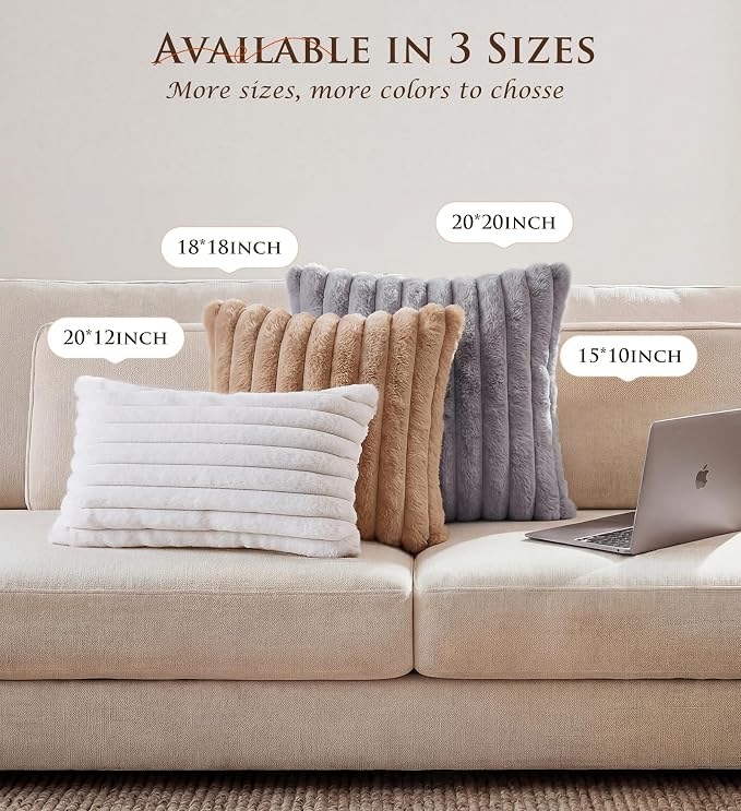 Pack of 2 Throw Pillow Covers 20x12 Decorative Solid Plush Faux Fur with Soft Velvet Back, Square Striped Cushion Cases Modern Farmhouse Home Decor for Living Room Couch Sofa Bed Cream White
