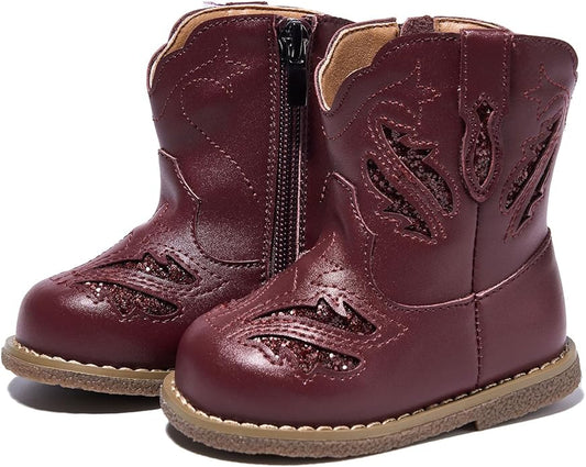 Newsonet Baby Cowboy Cowgirl Boots Infant Western Boots Toddler Boys Girls Round Toe Riding Mid Calf Boots All Seasons for 6 9 12 18 24 Months