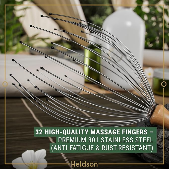 HELDSON® Premium Wire Head Massager Scalp Massager Tool - 32 Fingers Octopus Scratcher - Stress Relax Tickler - Hair Massagers Whisk - Headspa Equipment - Headscratcher Tickle Tools - Gift Men, Women