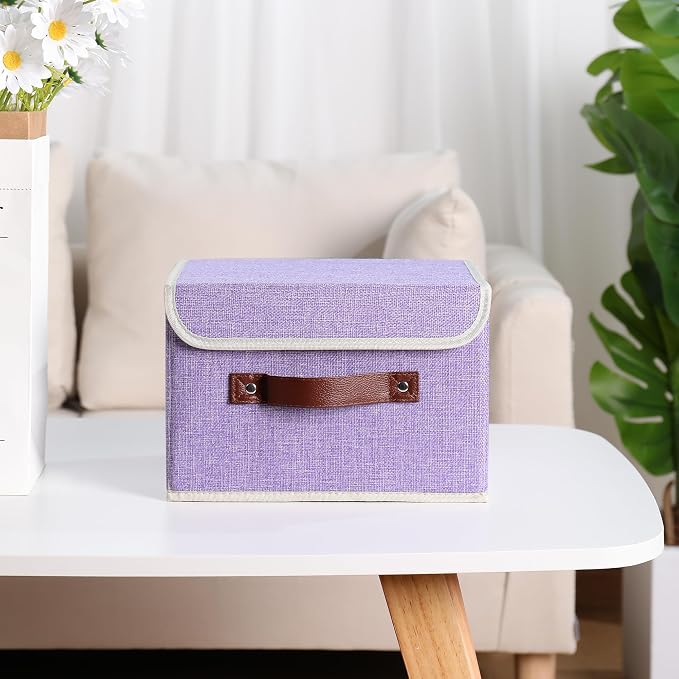 ANMINY Fabric Storage Box Bins with Lids, Purple, 10"x8"x7" | Keepsake Memory Storage, Cotton Linen, PP Board Reinforced, Washable, PU Handles, Foldable & Stackable, Decorative, Small
