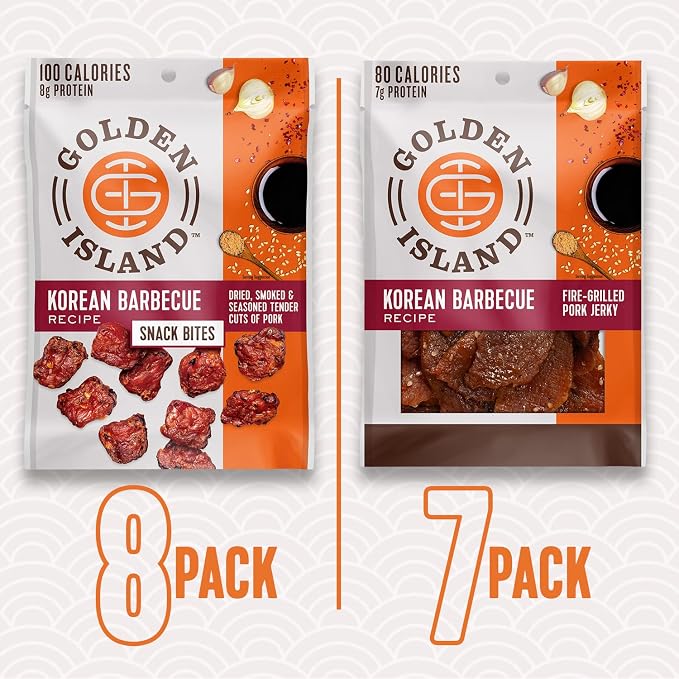 Golden Island Korean BBQ Variety Pack - (15 Pack) 8 Pork Snack Bites and 7 Pork Jerky - Korean Barbecue Protein Snacks - Up to 8g Protein per Serving - Gluten Free