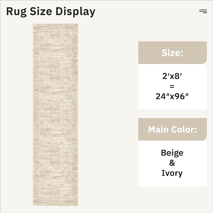 Soalmost Runner Rug 2x8 Washable Non-Slip Hallway Kitchen Runners Beige | Stain Resistant Vintage Rugs for Bathroom Laundry Room, Low Pile Foldable Floor Carpet Mat for Entryway Corridor Bedroom