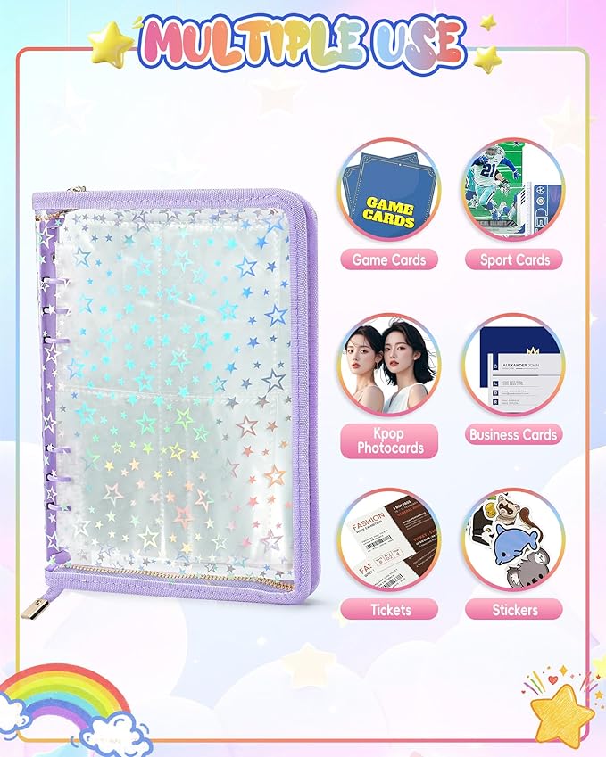 4 Pocket Card Binder with 20 Stickers, A5 Kpop Photocard Binder for 400 Cards, Trading Card Binder, Card Collection Binder, Cute Mini Card Binder for Gifts (Purple)