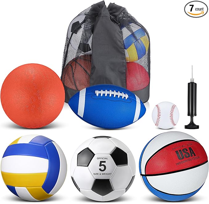 Libima 6 Pcs Multi Sport Ball Set Gift Official Size Football, Basketball, Soccer, Volleyball, Playground Ball, Baseball with Outdoor Sports Equipment Bag Pump for Christmas Holiday