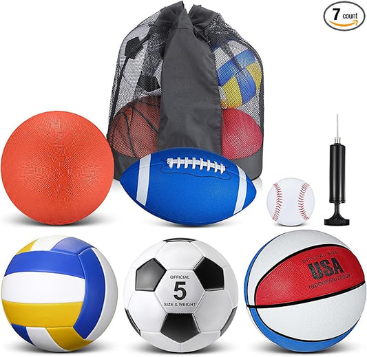 Libima 6 Pcs Multi Sport Ball Set Gift Official Size Football, Basketball, Soccer, Volleyball, Playground Ball, Baseball with Outdoor Sports Equipment Bag Pump for Christmas Holiday