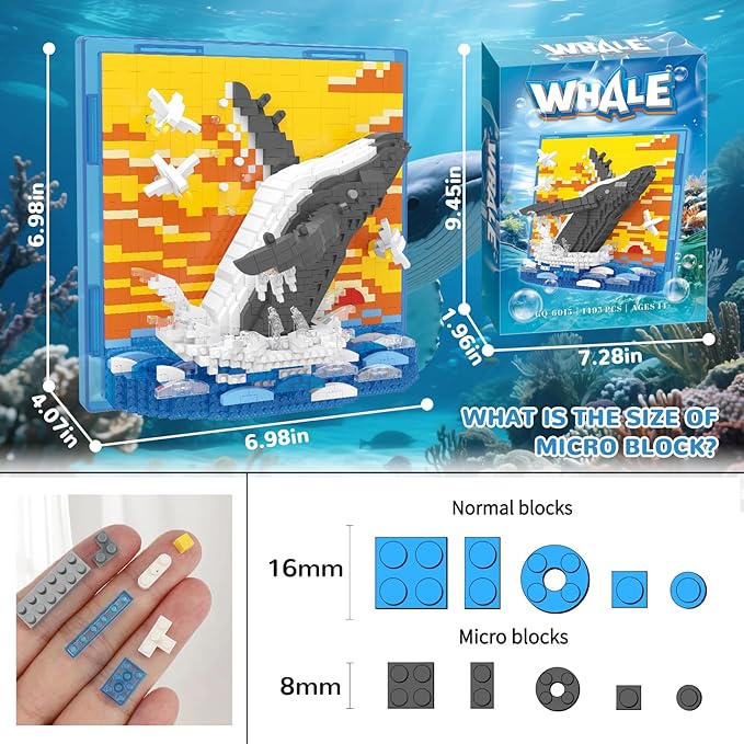 Whale Animal 3D Wall Art Micro Mini Building Blocks Set, Unique Home Wall Decor or Table Display, No Compatible with Lego Set, Ideal Gift Toy for Adults Boys Girls (1495 PCS)