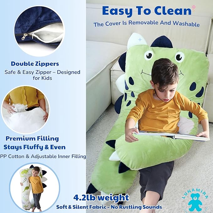 LUNAMIRA Dino Kids Body Pillow - 47" U-Shape Long Plush Soft Animal Pillow for Kids, Sleeping, Reading, ADHD & Special Needs Comfort, Anxiety, Washable Cover, Snuggle Fun Cuddle Gift for Boys & Girls