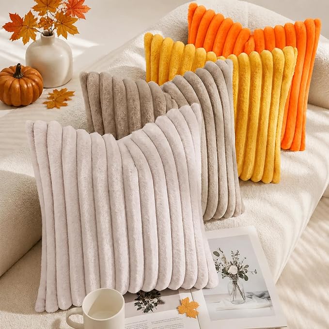 decorUhome Fall Faux Fur Throw Pillow Covers 16x16 Set of 2 Orange | Decorative Soft Cozy Striped Plush Modern Farmhouse Boho Couch Pillow Cases Velvet Back for Sofa Bed Living Room Home Decor