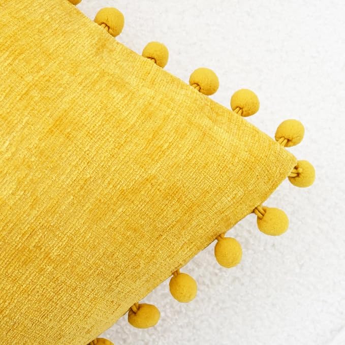 CaliTime Decorative Throw Pillow Covers 22 X 22 Inches Mustard Yellow | Pack of 2, Cozy Chenille Cushion Cases, with Pom Poms for Sofa Bed Living Room Farmhouse Home