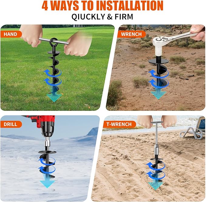 Ground Anchor Screw in, 4 Pack Spiral Trampoline Anchors with Nut and Tool Swing Set Anchors Tent Stakes High Wind Heavy Duty for Sheds, Carports, Mobile Home Black