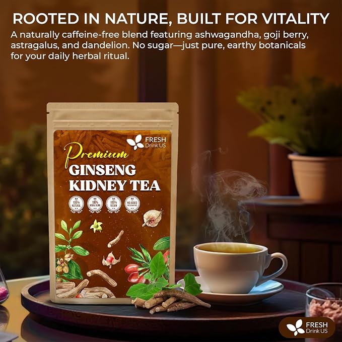 FreshDrinkUS, Ginseng Kidney Tea – 15 Packs of Herbal Detox & Vitality Support | 100% Natural Roots & Berries | Caffeine-Free | Adaptogenic Blend for Energy, Kidney Health, and Wellness