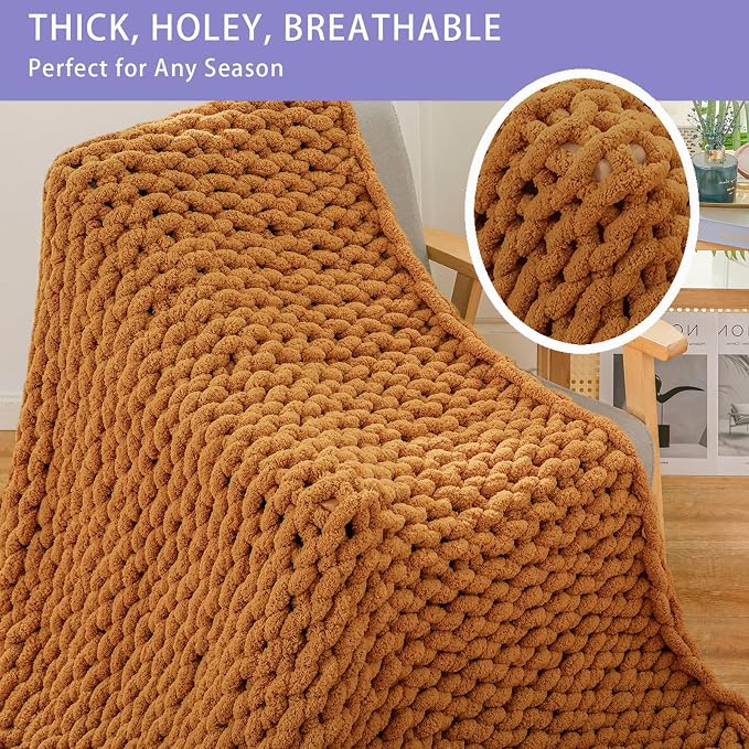 Bigacogo Chunky Knit Throw Blanket for Couch, 40x80 inches, Burnt Orange | Hand Knit with Jumbo Chenille, Soft Breathable Cable Knit for Sofa Bed Living Room, Machine Washable, Gift for Mom Friend