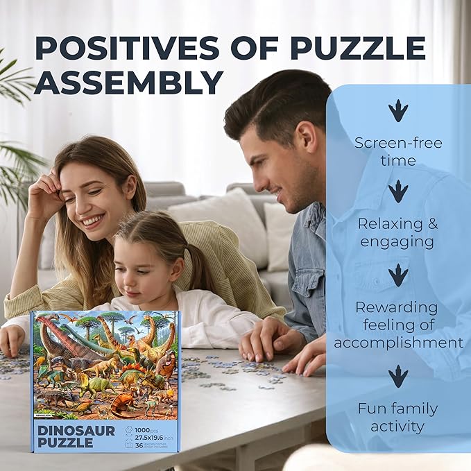 Dinosaur Scene - Jigsaw Puzzles for Adults 1000 Pieces - Hand Drawn Illustration - 1:1 Poster with Dino Names & Marks Included - Thick Cardboard No Puzzle Dust - Fun & Engaging Screen-Free Time