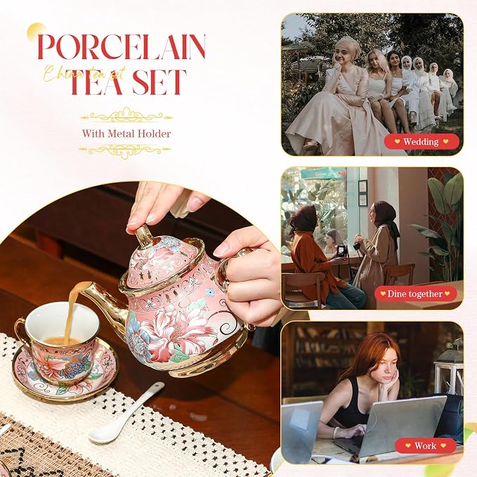20 Pcs Porcelain Tea Set for Adults with Metal Holder and Spoon European Ceramic Tea Party Set Flower Painting Teapot Cup Saucer for Women Gift, Serving 6 People(Fresh)