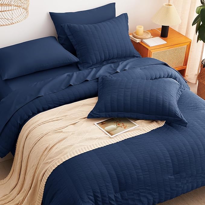 CozyLux Queen Comforter Set Navy Blue Seersucker 7 Pieces Bed in a Bag Queen Comforter Set with Sheets, Luxury Bedding Sets with Down Alternative Comforter, Sheets, Pillowcases & Shams for All Season
