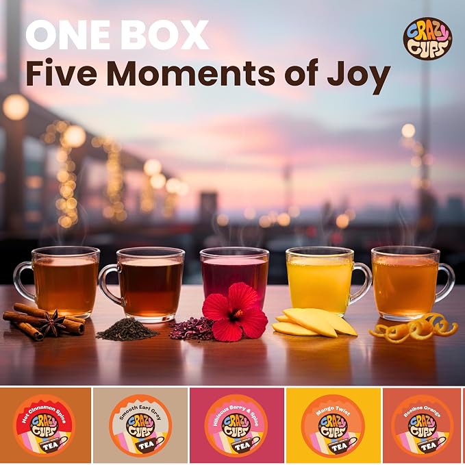 Crazy Cups Assorted Tea Variety Pack 50 Count, Cinnamon, Earl Grey, Hibiscus Berry & Spice, Mango Twist, Rooibos Orange, Single Serve Tea Pods Variety Pack for Hot & Iced
