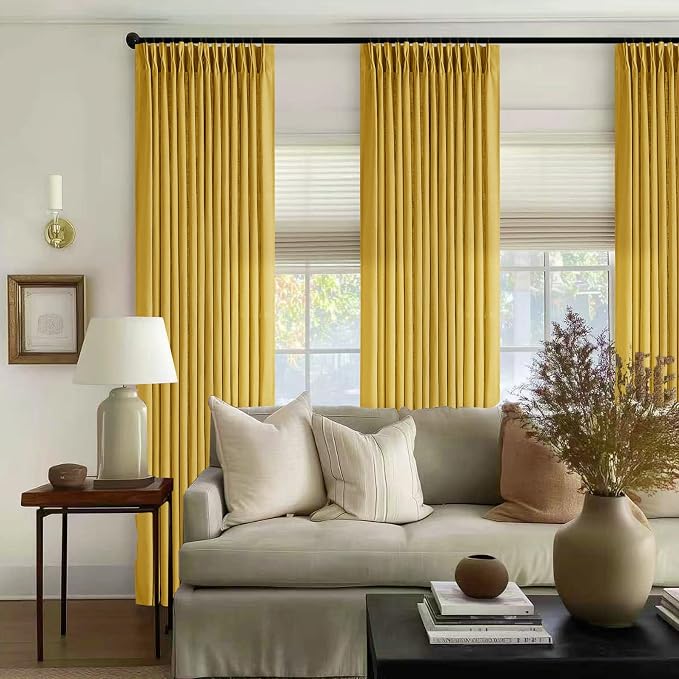 Mustard Yellow 90 Inch Thick Linen Curtains Pinch Pleated 2 Panels Set | for Living Room Bedroom Dining, Semi Sheer Light Filtering, Pinch Pleat Drapes Hooks Rings Back Tab, Gold Harvest Spring
