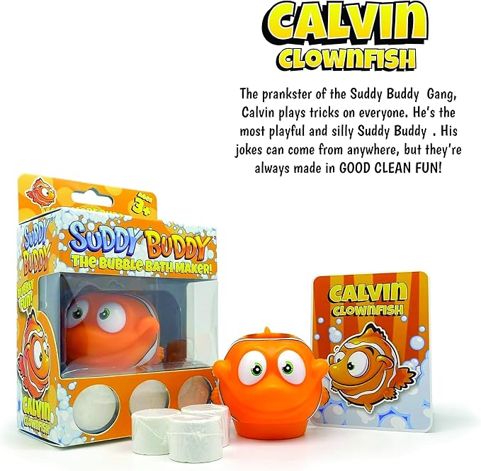 Suddy Buddy® Bubble Maker for Bathtub | Fun Kid Bubble Bath Toys | Bath Bubbler for Boys & Girls Ages 3+ | Includes 1 Foam Dispenser, 1 Trading Card & 3 Super-Bubble Drops | Calvin Clownfish