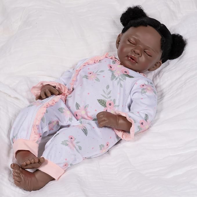 Paradise Galleries 18 Inch African American Realistic Reborn Baby Girl Doll Sleeping in Onesie with Flower Pillow Accessories Collectible Gift Set – Daisy Dreamer