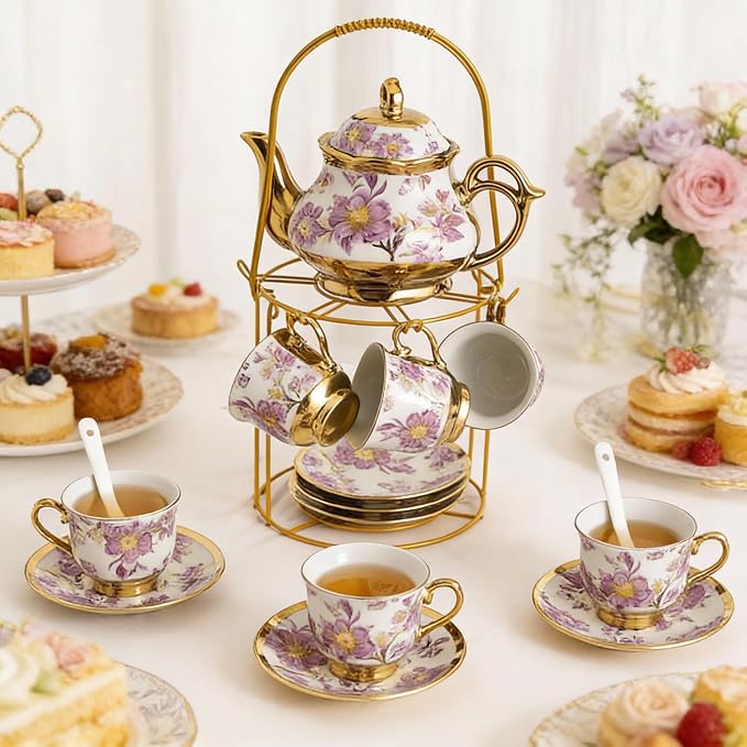 20 Pcs Porcelain Tea Set with Metal Holder, European Ceramic Tea Set for Adults, Adult Tea Set Gift, Flower Tea Cup Saucer Set for Party With Gold Flower Painting (Elegant Purple/500ml)