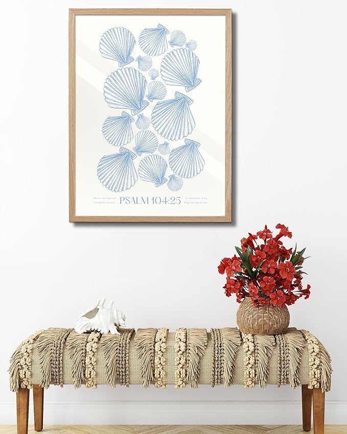 EcoHest 18x24 in Psalm 104:25 Coastal Seashell Framed Christian Wall Art | Solid Oak Wood Frame with Canvas Wall Art, Scripture Bible Verse Decor for Bedroom, Living Room, Office, Church, 1Pack