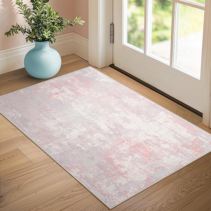RELEANY Washable 3'x5' Abstract Area Rug for Living Room Gray Pink | carpet for bedroom, kitchen, office, hallway and entryway, printed pattern, non-slip, soft, stain-resistant, easy to clean