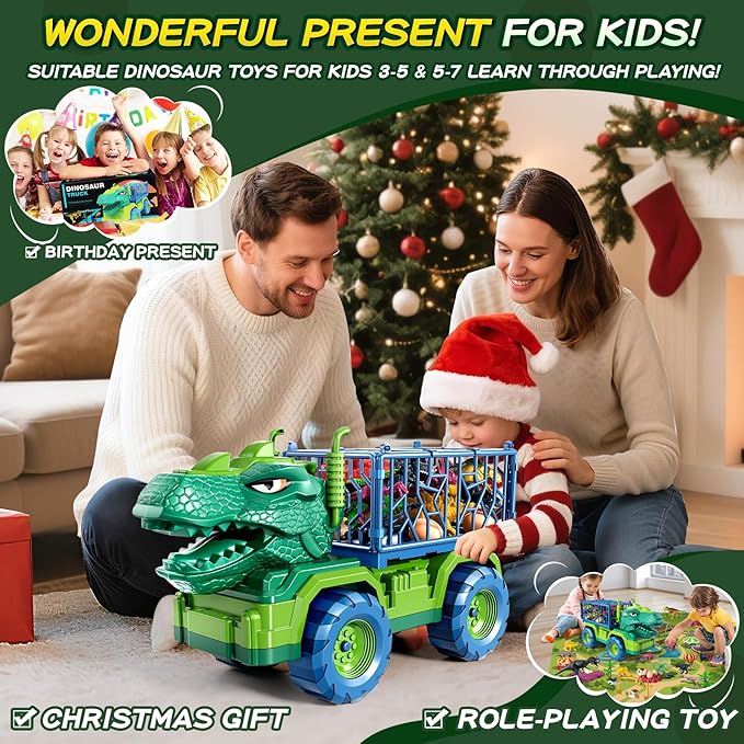 Dinosaur Cars Truck Toys for Kids 3-5 with 8 Dinosaur Figures, Activity Play Mat, Dinosaur Egg, Trees, Jurassic Play Set for Boys and Girls Ages 5-7