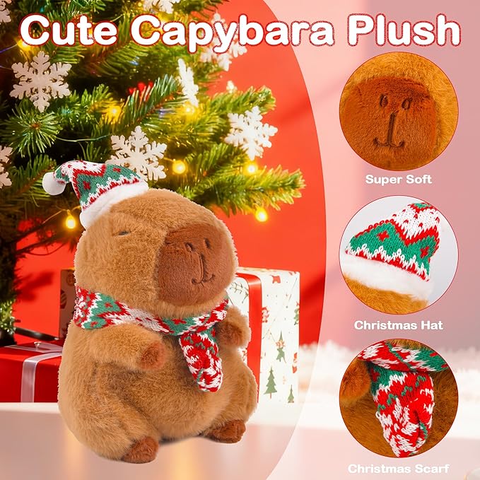 Christmas Capybara Stuffed Animal Plush, 10” Holiday Capybara Peluches with Santa Hat & Scarf, Cute Super Soft Funny Christmas Toy Gifts, Capybara Stuff Festive Decorations for Kids Boys Girls