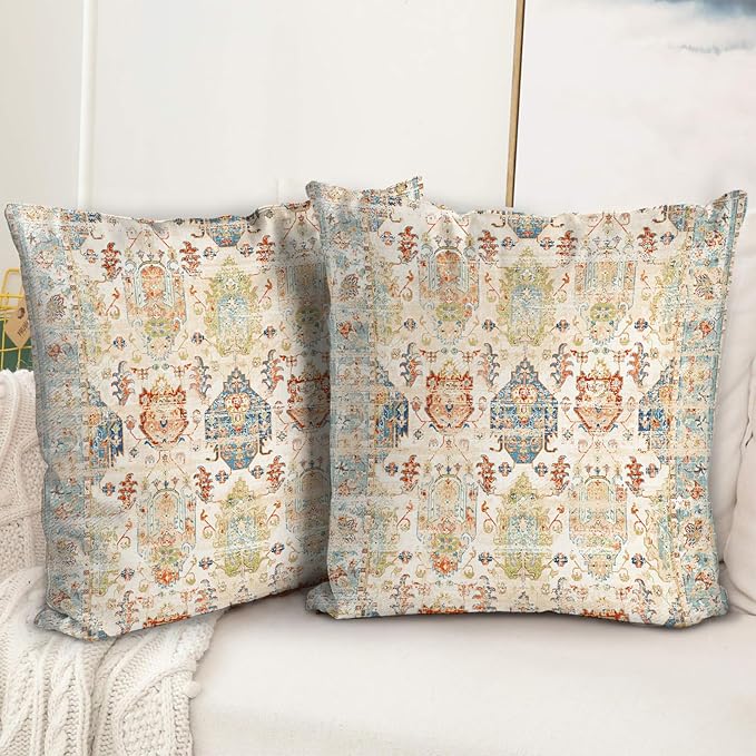 Boho Floral Throw Pillow Covers 20x20 inch Set of 2,Beige Boho Rug Geometric Floral Pattern Decor Double Sided Pattern Cushion Cover Soft Pillow Case Living Sofa Room Bed Square Pillow Cover