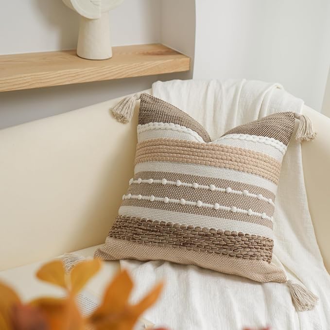 Brown Decorative Throw Pillow Cover 18x18 Square Boho Accent Pillowcase Tassels Farmhouse Cushion for Couch Sofa Bedroom Livingroom Home Décor Cover ONLY (Pack of 1)