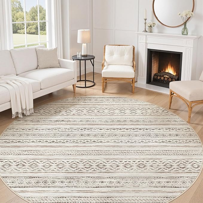 cotiled 8x8 Round Area Rugs Living Room Rug: Washable Boho Rugs with Non Slip Backing Large Soft Indoor Stain Resistant Carpet for Bedroom Farmhouse Dining Room Lightweight Home Decor Cream Brown