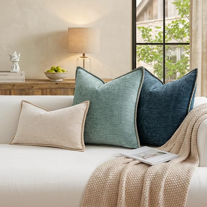 a moment Pack of 2 Decorative Chenille Throw Pillow Covers with Twill Cushion Covers for Sofa Living Room Couch Bed 20x20 Inch,Crafted Border Blue