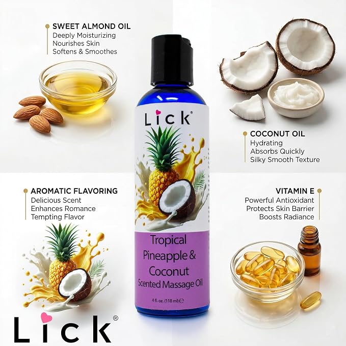 Lick Tropical Pineapple and Coconut Massage Oil with Vitamin E - Edible Body Oil for Couples Massage - Sweet Almond and Coconut Oil Blend - Smooth Long-Lasting Glide for Men and Women - 4 oz